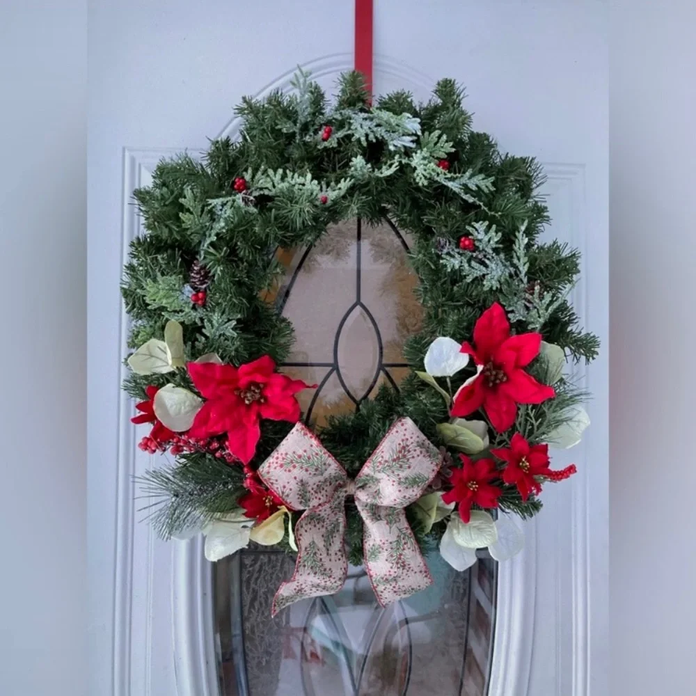 NEW Gorgeous Handmade Christmas Wreath, poinsettias, 22” wide